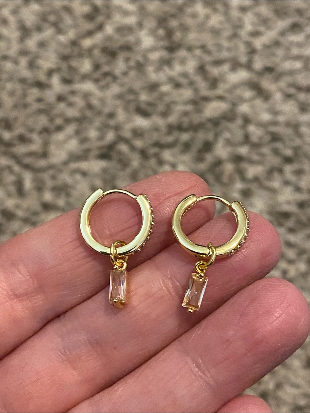 Gold Hoop Huggie Earrings with Light Pink Baguette Drops